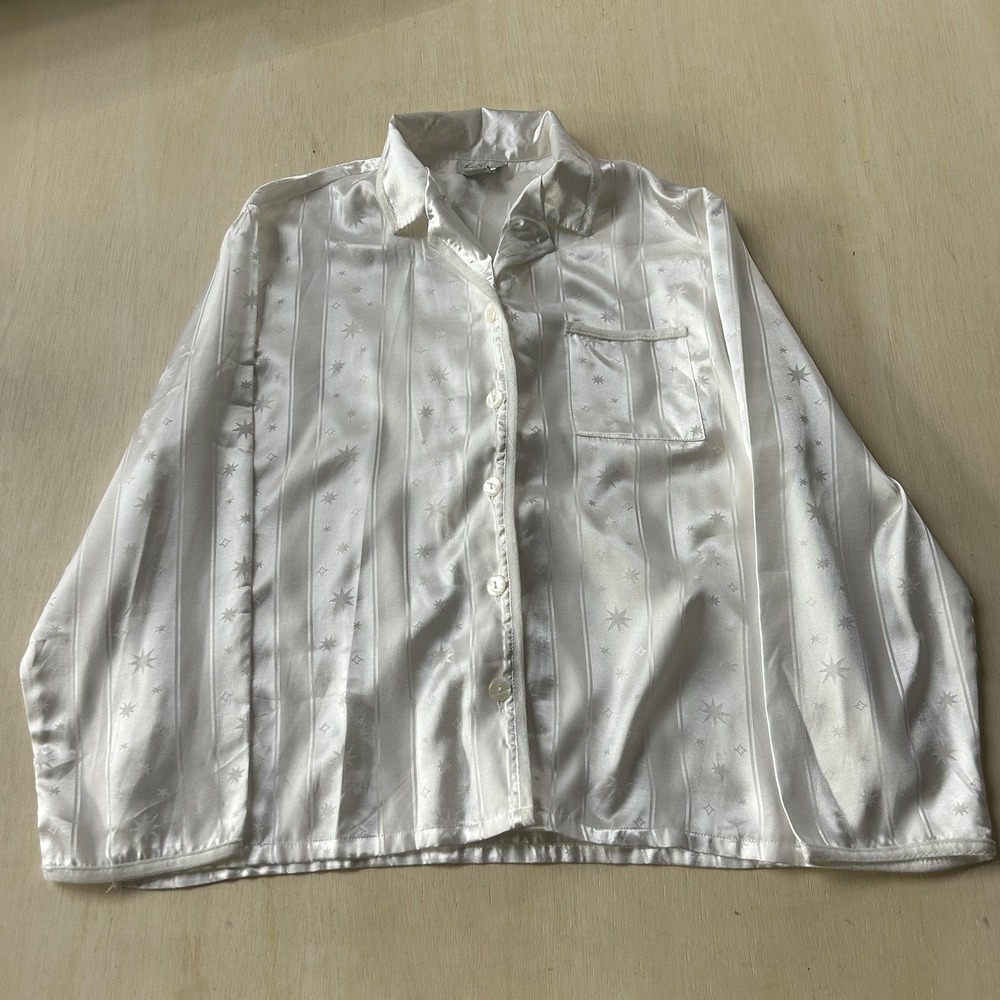 Kathryn Pajama Top Womens XL White Satin Star Print Long Sleeve Button Sleepwear